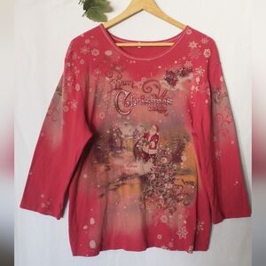 90's Vintage Merry Christmas Classic Santa Bedazzled Paisley Long Sleeve Blouse